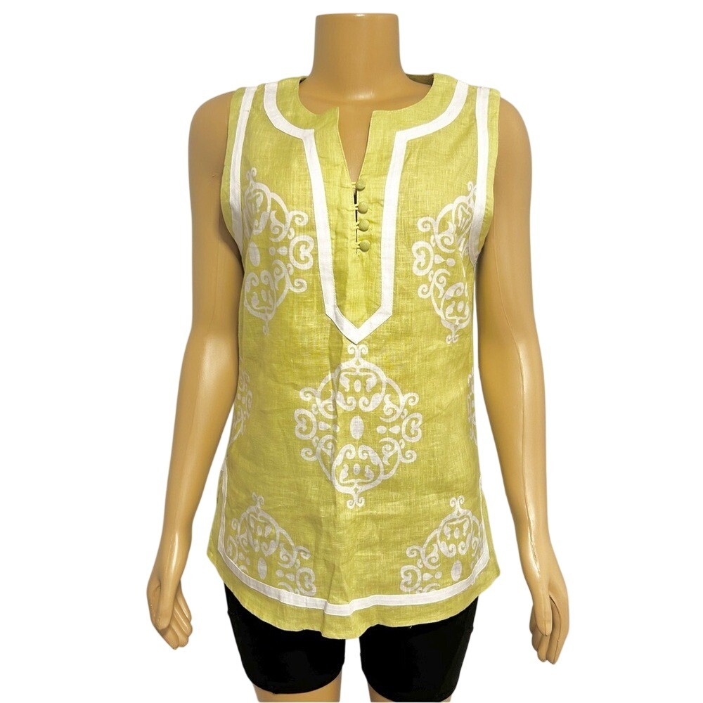 Mercer & Madison Womens Lime Green 100% Linen Medallion Embroidered Tunic Top M